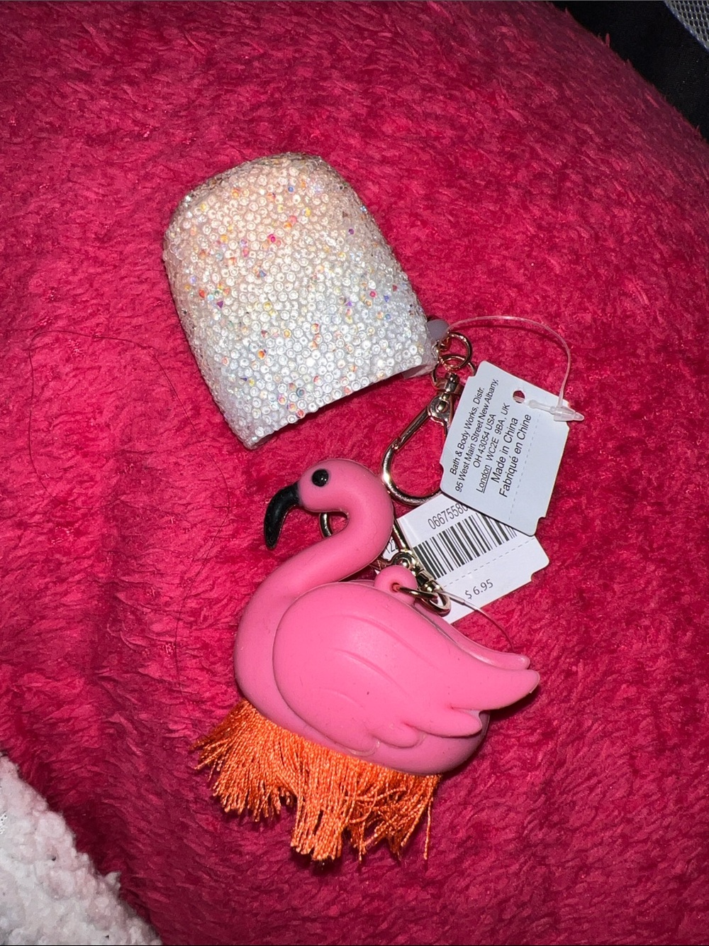 Bath and body Pink Flamingo Keychain with Orange Tassel and Beaded Accent